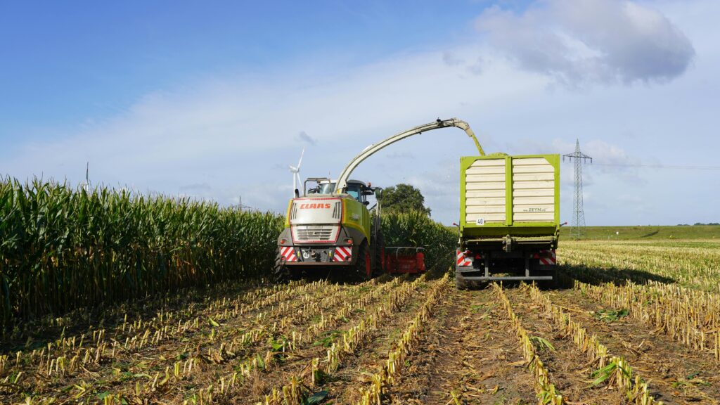 Combine harvester working in corn field during harvest in Hohnstorf, Germany.
